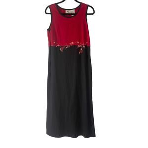 Ease Sport Vintage 90s Size 8 Linen Blend Casual Black Red Floral Maxi Dress